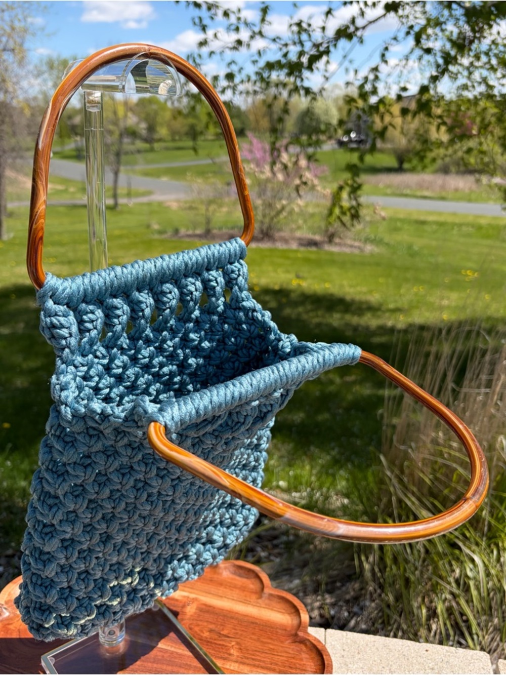 Vintage Macrame Handbag Blue Nylon Handmade EUC - Picture 5 of 11